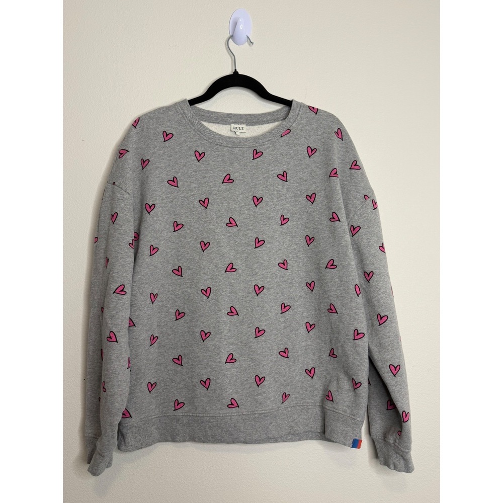 Anthropologie Kule Grey The Heart Sweatshirt Pink Hearts Organic Cotton Sz M